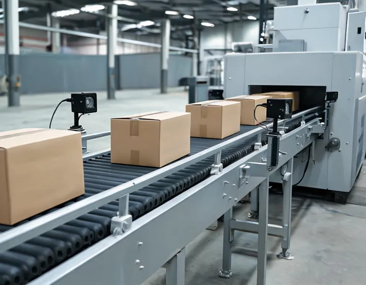Industrial conveyor system transferring cartons at a close nose between two machines in a process plant